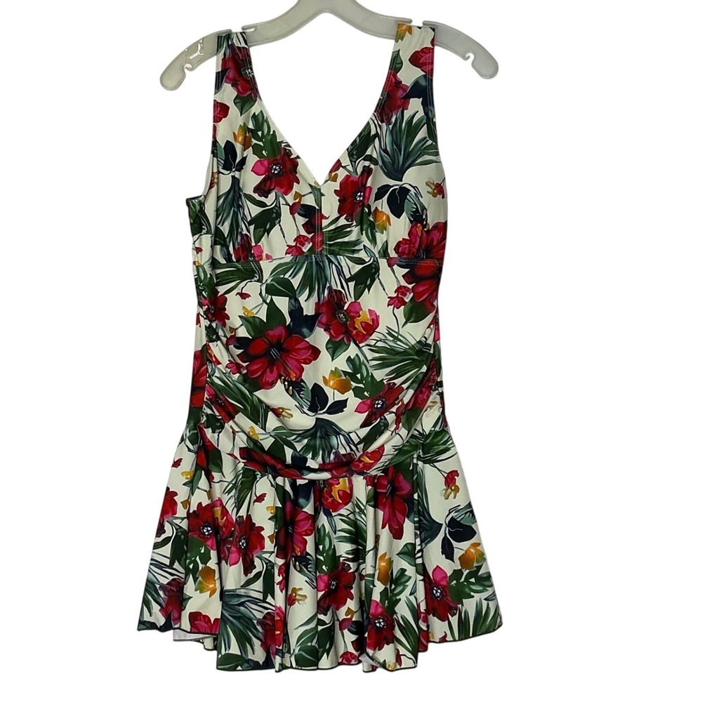 Unbranded Floral Swim Dress V-Neck Ruched One Piece Swimsuit Women Size L